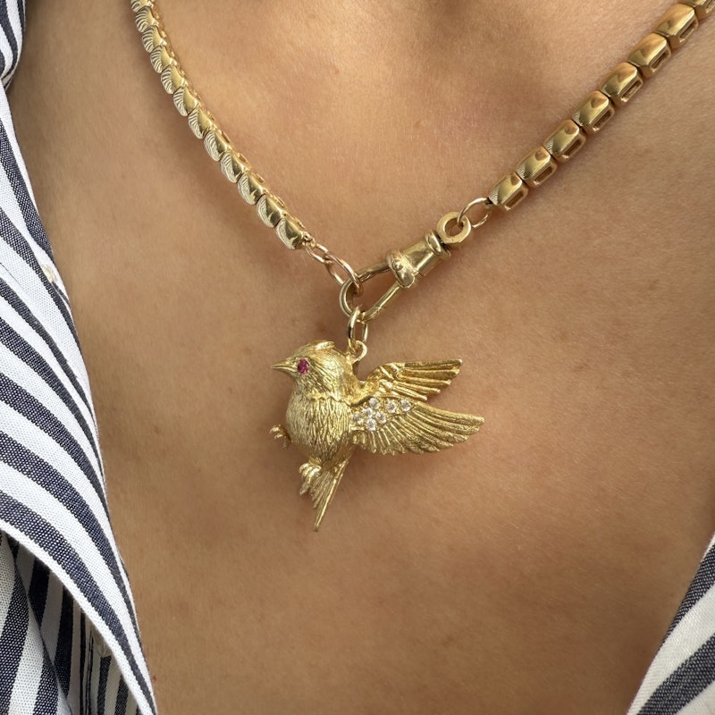Jenna Blake 18k Yellow Gold Diamond and Ruby Swallow Charm