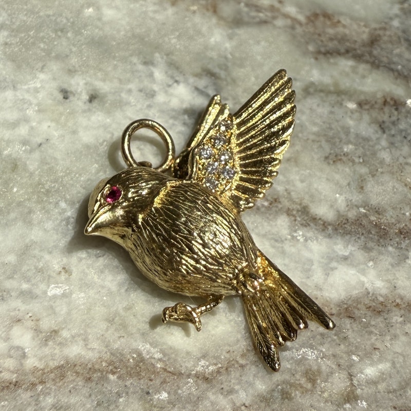 Jenna Blake 18k Yellow Gold Diamond and Ruby Swallow Charm