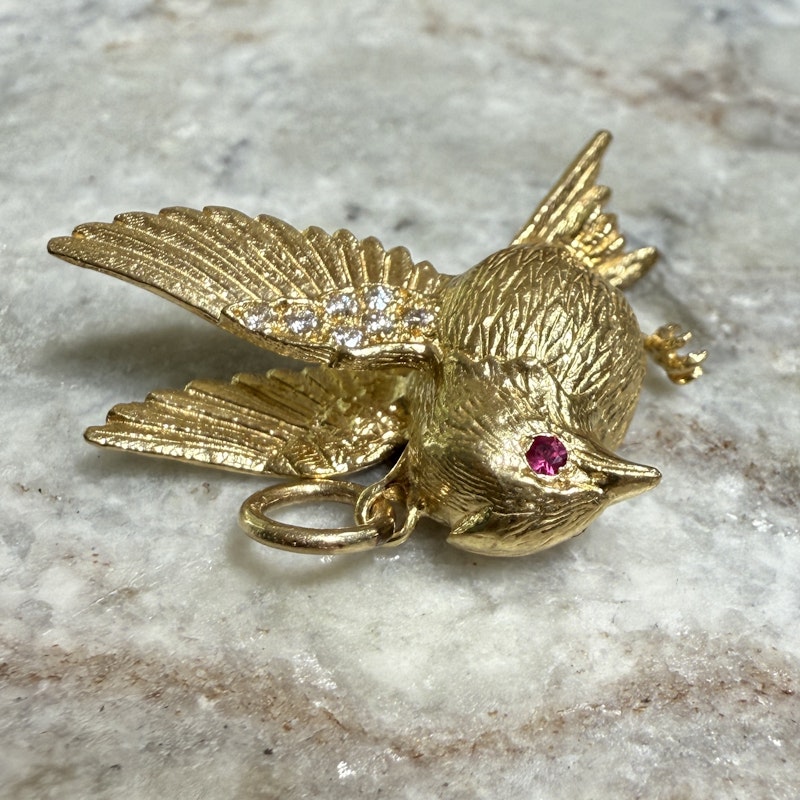 Jenna Blake 18k Yellow Gold Diamond and Ruby Swallow Charm