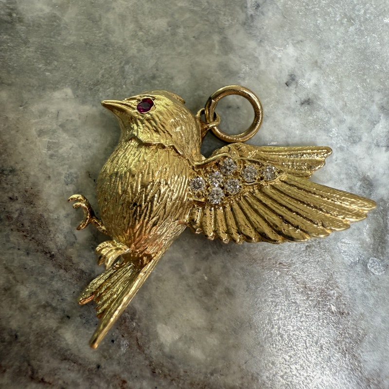 Jenna Blake 18k Yellow Gold Diamond and Ruby Swallow Charm