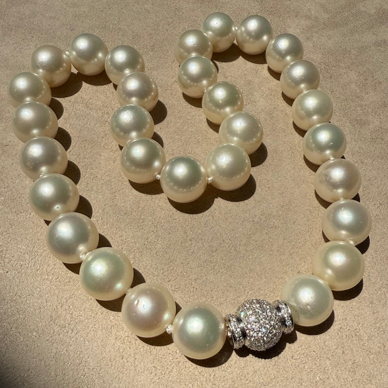 Vintage South Sea Pearl Necklace with 18k White Gold Diamond Clasp