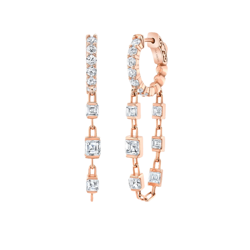 18k Rose Gold Asscher Cut Diamond Drop Chain Huggie Earrings