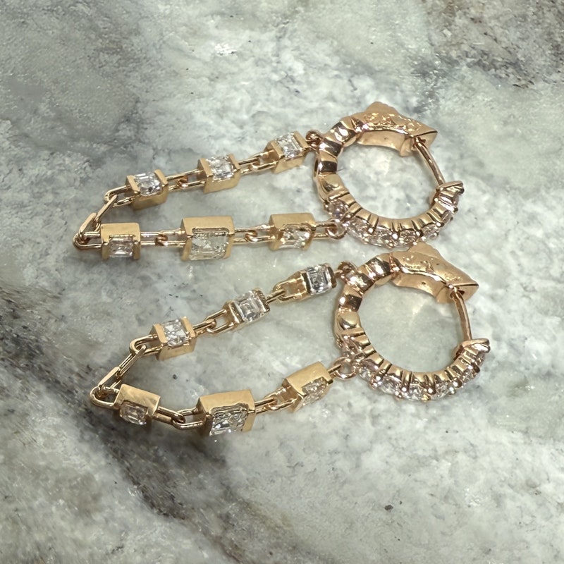 18k Rose Gold Asscher Cut Diamond Drop Chain Huggie Earrings