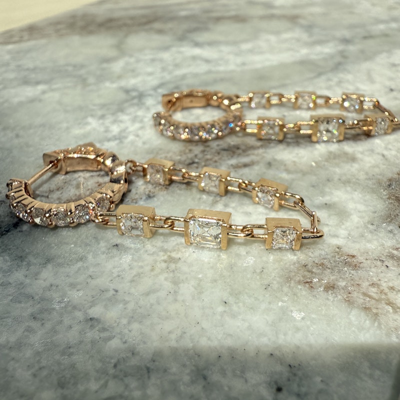 18k Rose Gold Asscher Cut Diamond Drop Chain Huggie Earrings