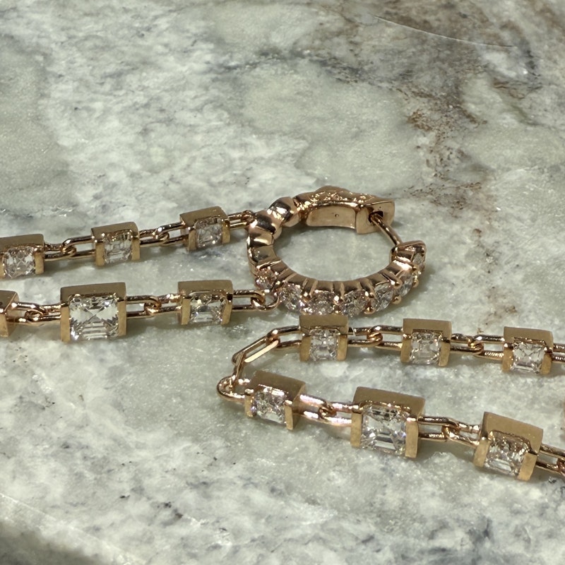 18k Rose Gold Asscher Cut Diamond Drop Chain Huggie Earrings