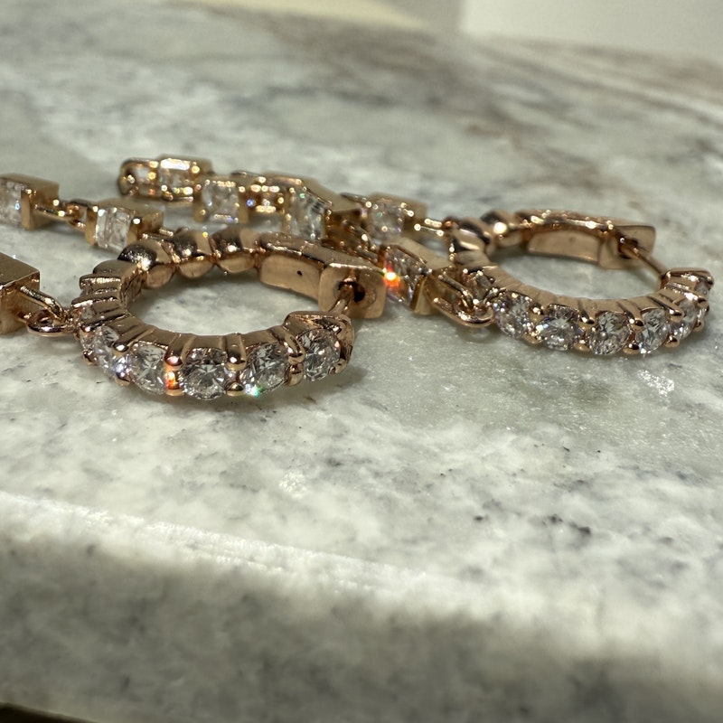 18k Rose Gold Asscher Cut Diamond Drop Chain Huggie Earrings
