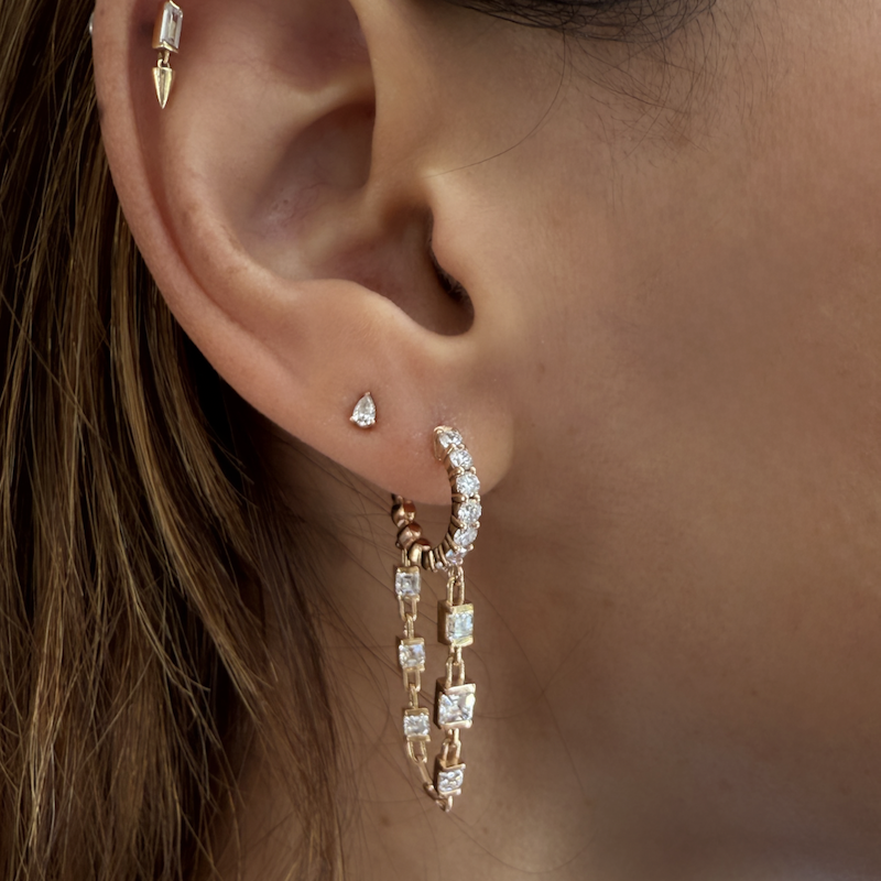 18k Rose Gold Asscher Cut Diamond Drop Chain Huggie Earrings