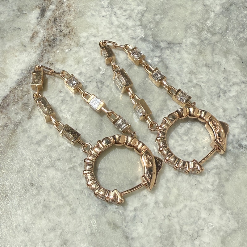 18k Rose Gold Asscher Cut Diamond Drop Chain Huggie Earrings