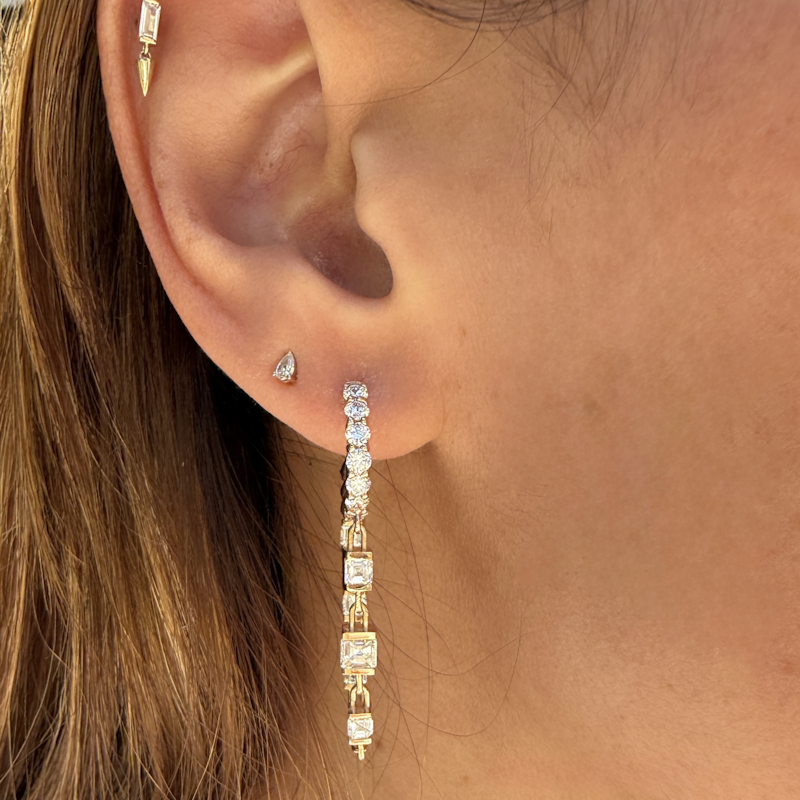 18k Rose Gold Asscher Cut Diamond Drop Chain Huggie Earrings