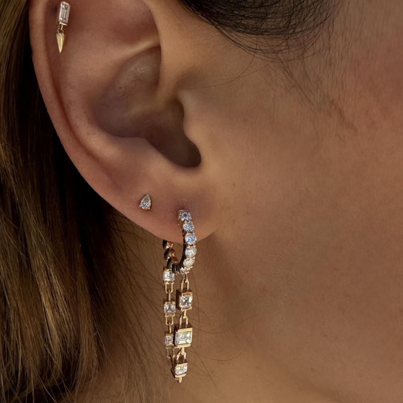 18k Rose Gold Asscher Cut Diamond Drop Chain Huggie Earrings