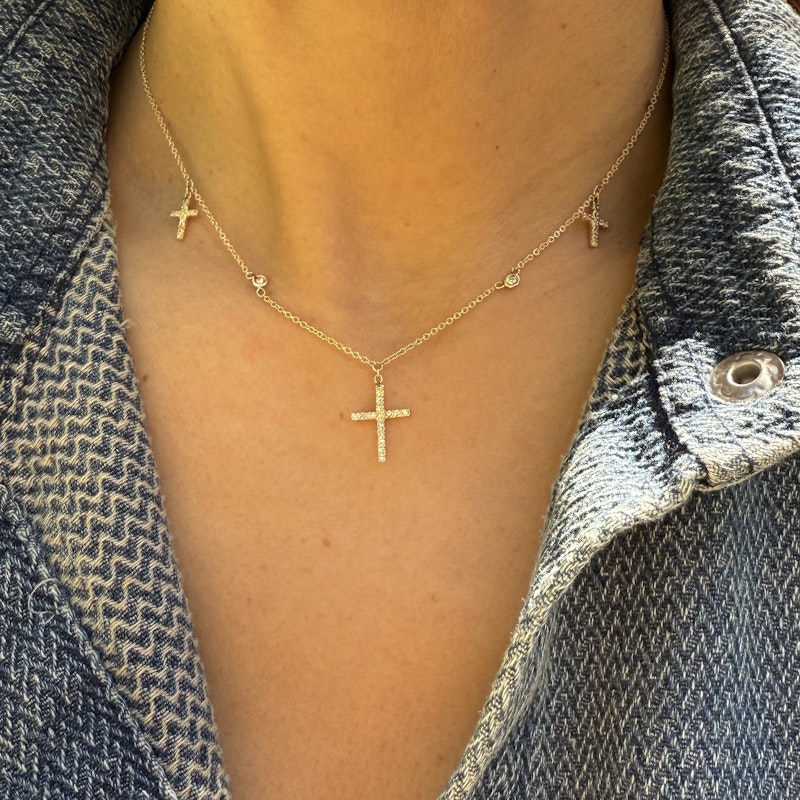 Jacquie Aiche 14k Yellow Gold and Diamond Triple Cross Necklace