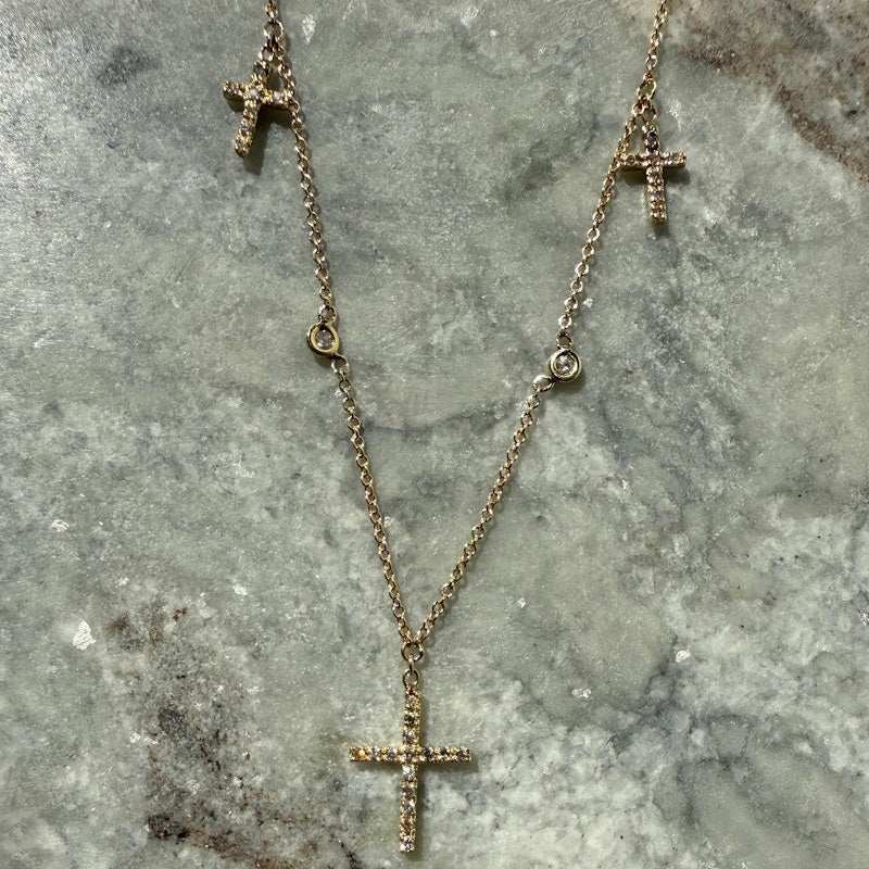 Jacquie Aiche 14k Yellow Gold and Diamond Triple Cross Necklace