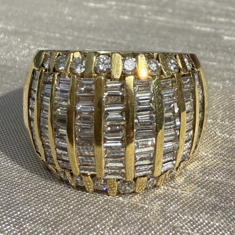 18k Yellow Gold Multi Row Baguette Diamond Dome Ring