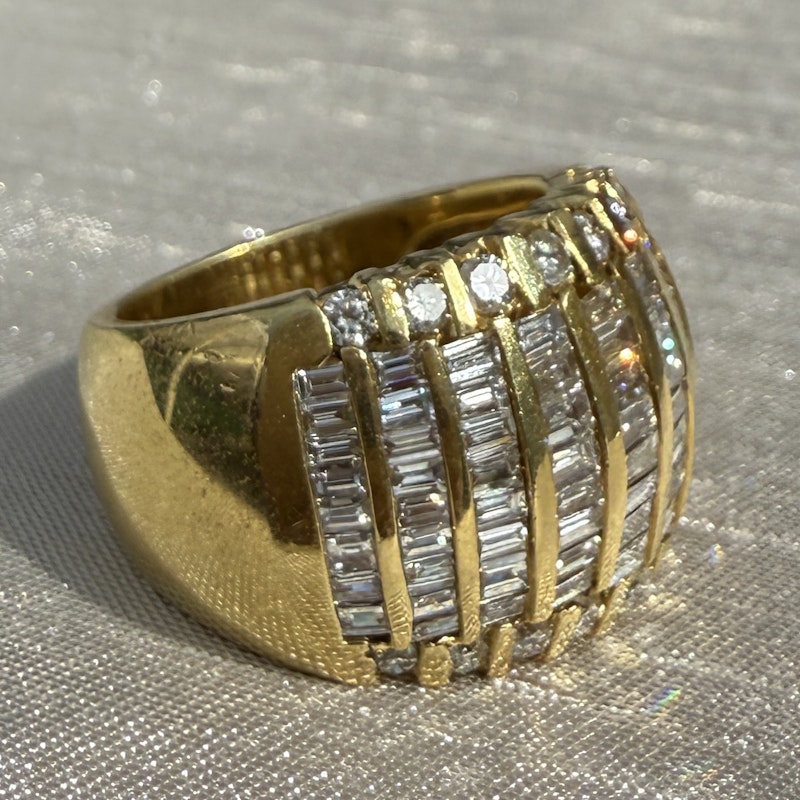18k Yellow Gold Multi Row Baguette Diamond Dome Ring