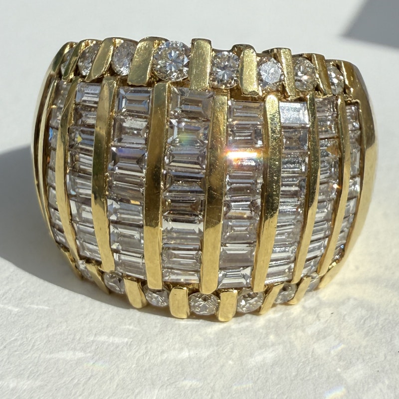 18k Yellow Gold Multi Row Baguette Diamond Dome Ring
