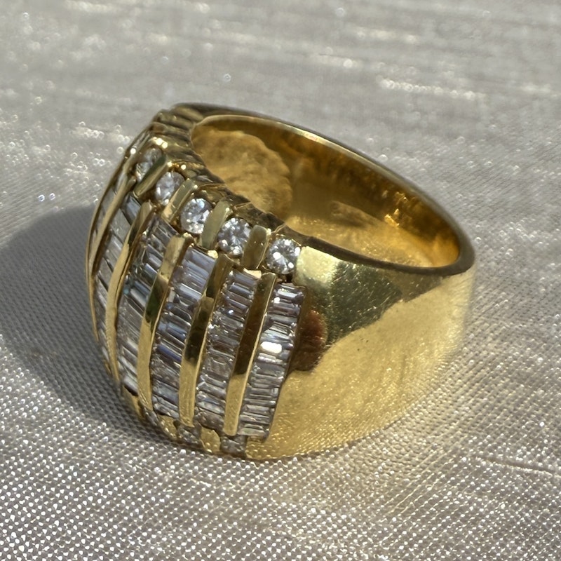 18k Yellow Gold Multi Row Baguette Diamond Dome Ring