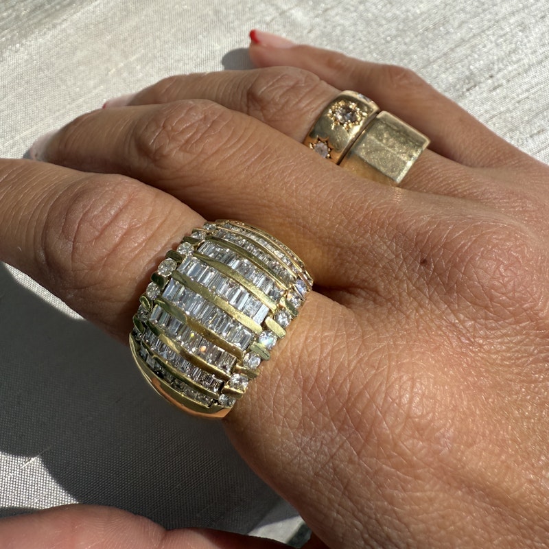 18k Yellow Gold Multi Row Baguette Diamond Dome Ring