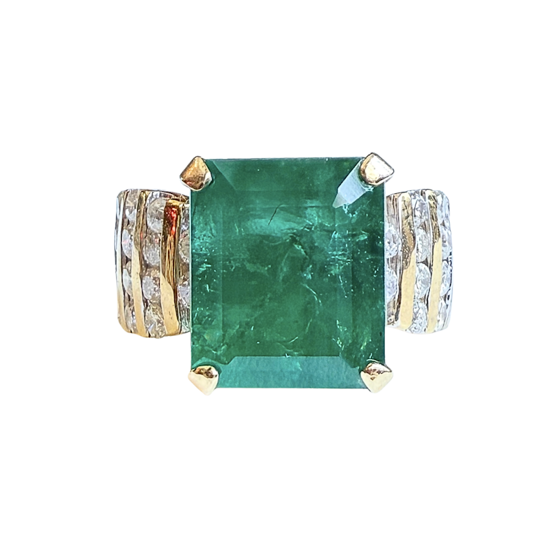 Vintage 14k Yellow Gold Emerald-Cut Emerald & Diamond Ring