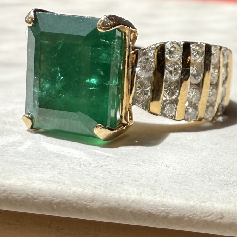 Vintage 14k Yellow Gold Emerald-Cut Emerald & Diamond Ring