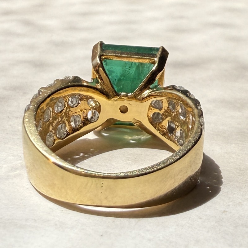 Vintage 14k Yellow Gold Emerald-Cut Emerald & Diamond Ring