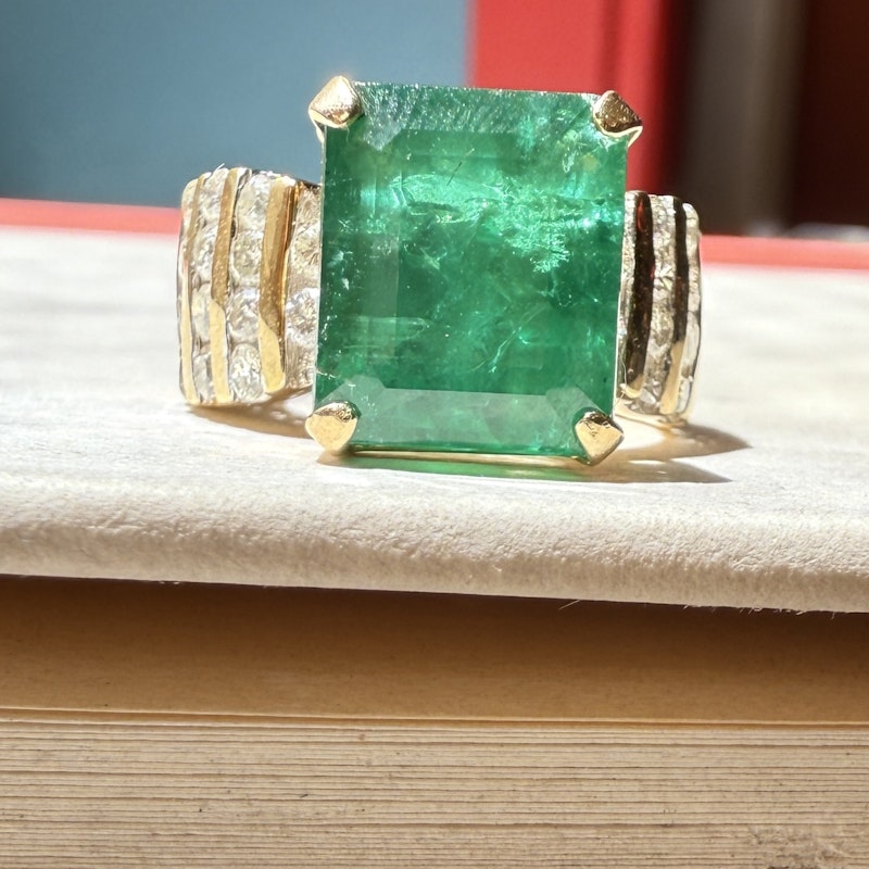 Vintage 14k Yellow Gold Emerald-Cut Emerald & Diamond Ring