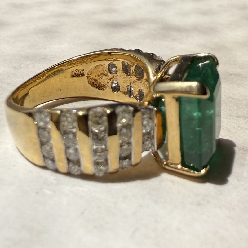 Vintage 14k Yellow Gold Emerald-Cut Emerald & Diamond Ring
