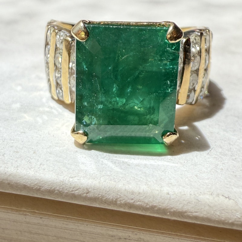 Vintage 14k Yellow Gold Emerald-Cut Emerald & Diamond Ring