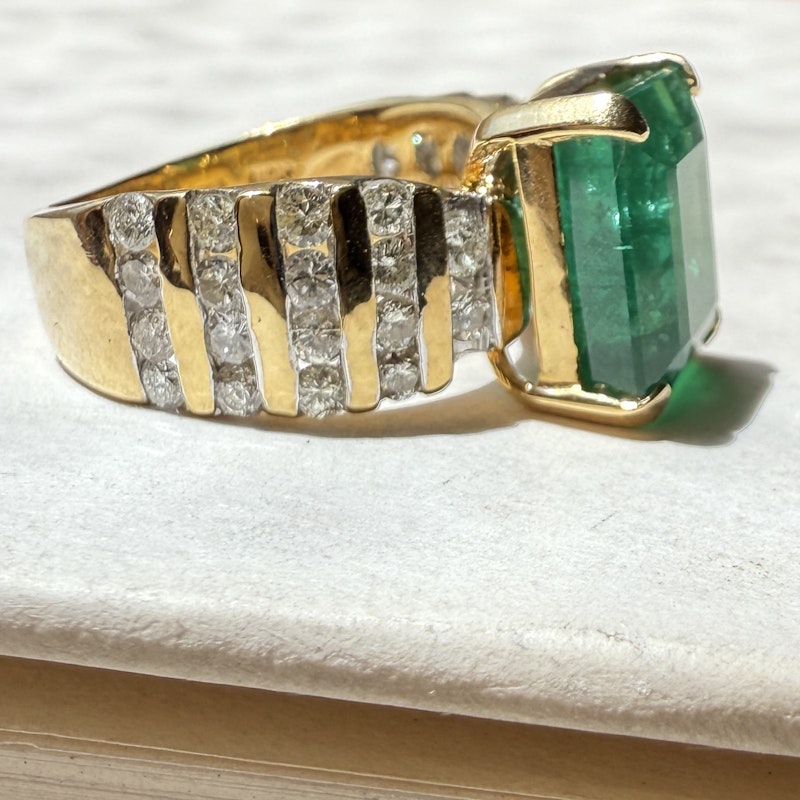 Vintage 14k Yellow Gold Emerald-Cut Emerald & Diamond Ring