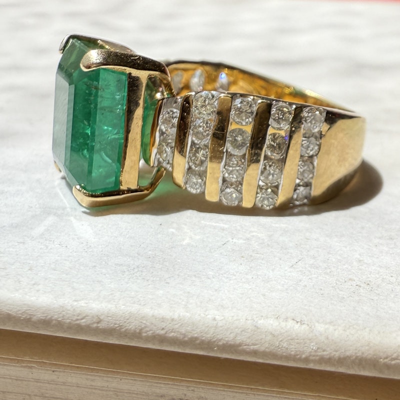 Vintage 14k Yellow Gold Emerald-Cut Emerald & Diamond Ring