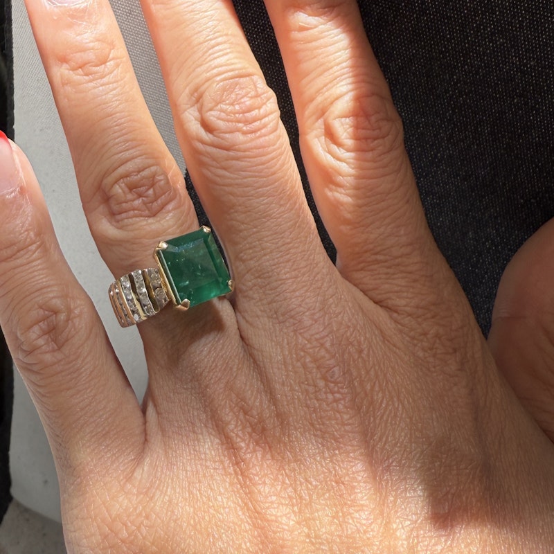 Vintage 14k Yellow Gold Emerald-Cut Emerald & Diamond Ring