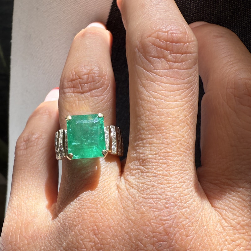 Vintage 14k Yellow Gold Emerald-Cut Emerald & Diamond Ring
