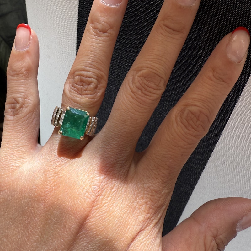 Vintage 14k Yellow Gold Emerald-Cut Emerald & Diamond Ring