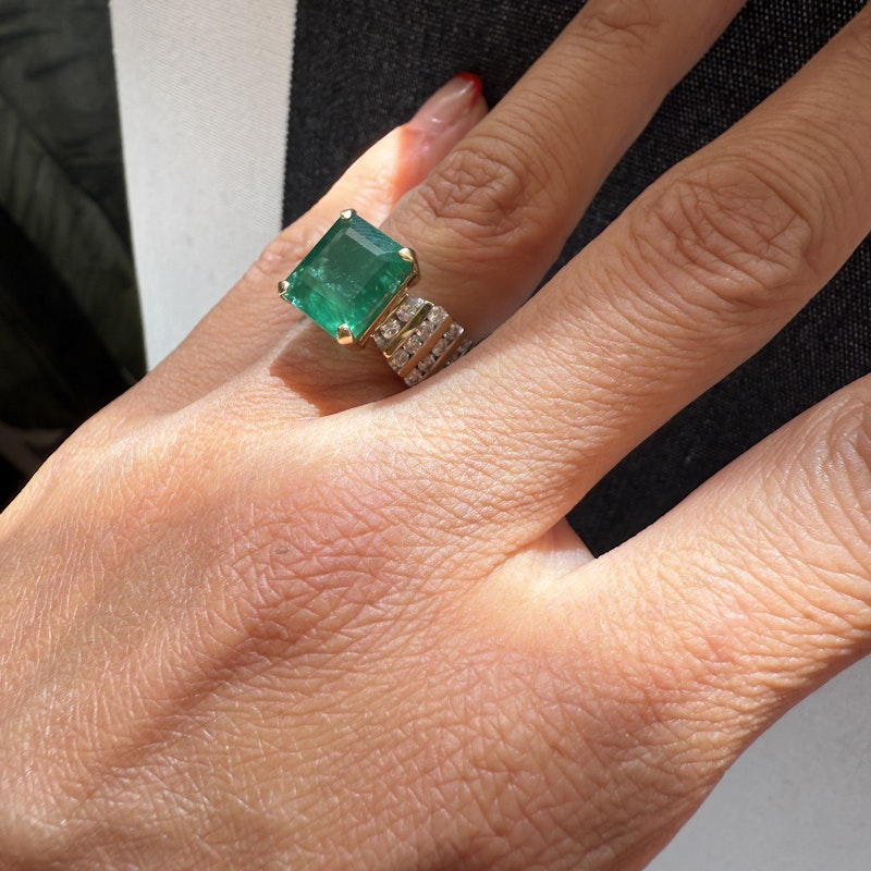 Vintage 14k Yellow Gold Emerald-Cut Emerald & Diamond Ring