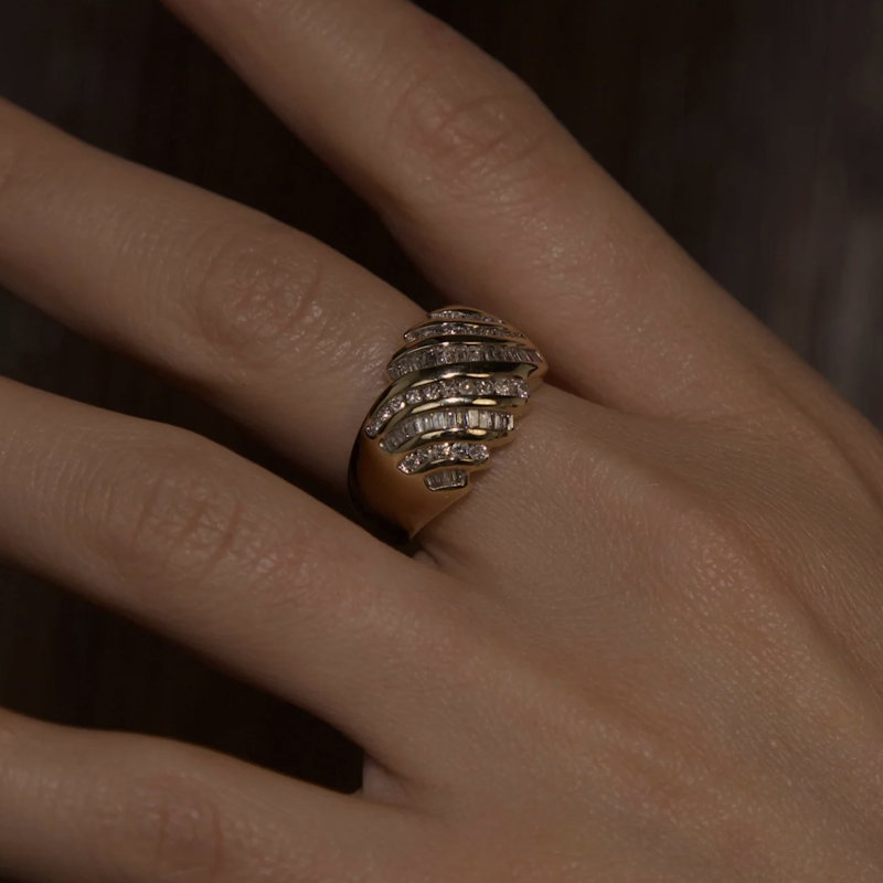 Vintage 14k Yellow Gold Diamond Croissant Dome Ring