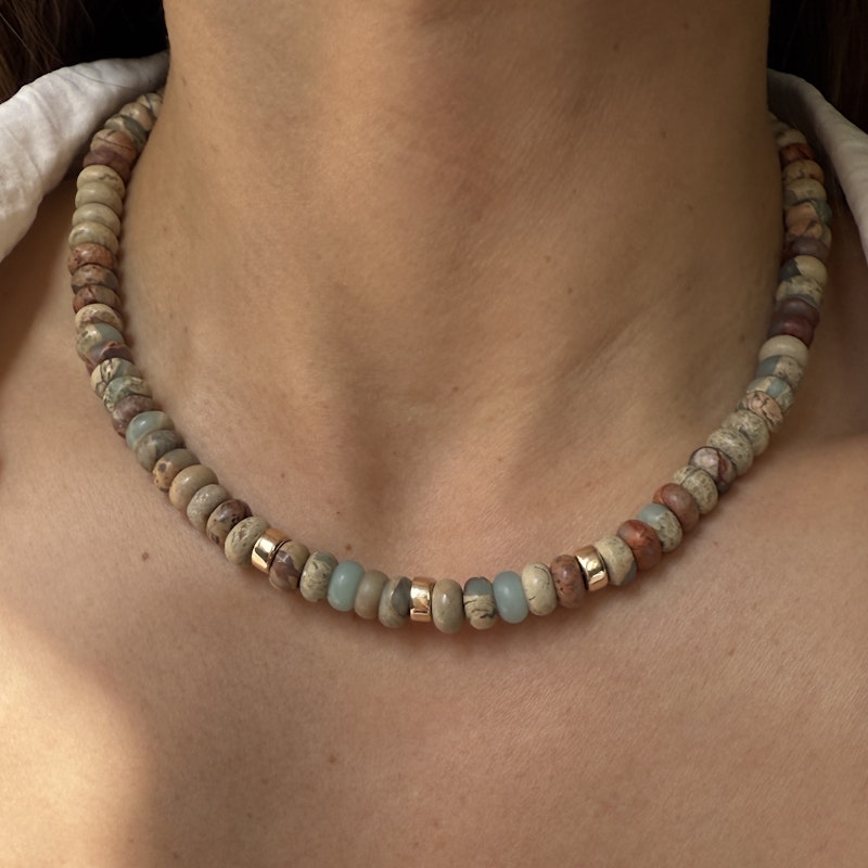 Natural Blue Opal Bead Necklace with 14k Gold Accents