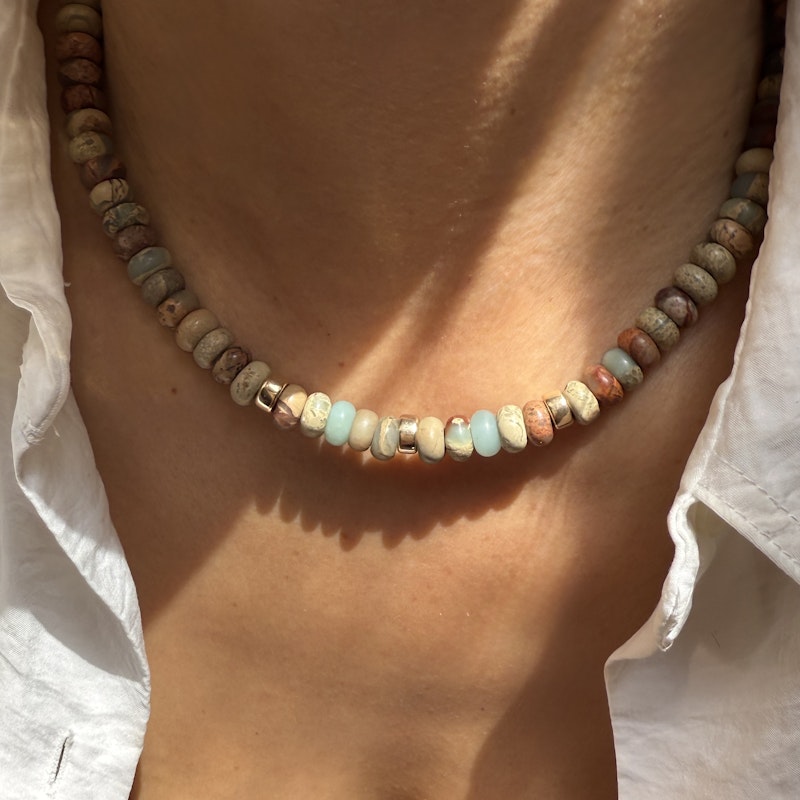 Natural Blue Opal Bead Necklace with 14k Gold Accents