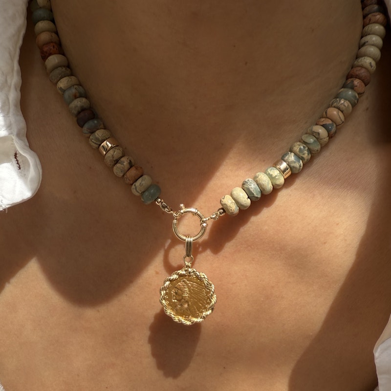 Natural Blue Opal Bead Necklace with 14k Gold Accents
