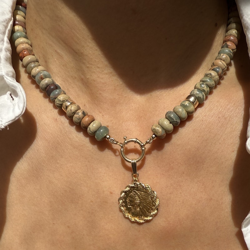 Natural Blue Opal Bead Necklace with 14k Gold Accents