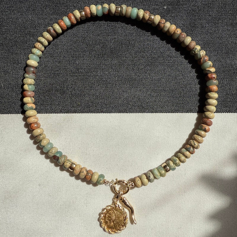 Natural Blue Opal Bead Necklace with 14k Gold Accents