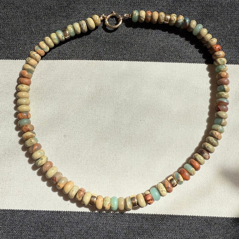 Natural Blue Opal Bead Necklace with 14k Gold Accents