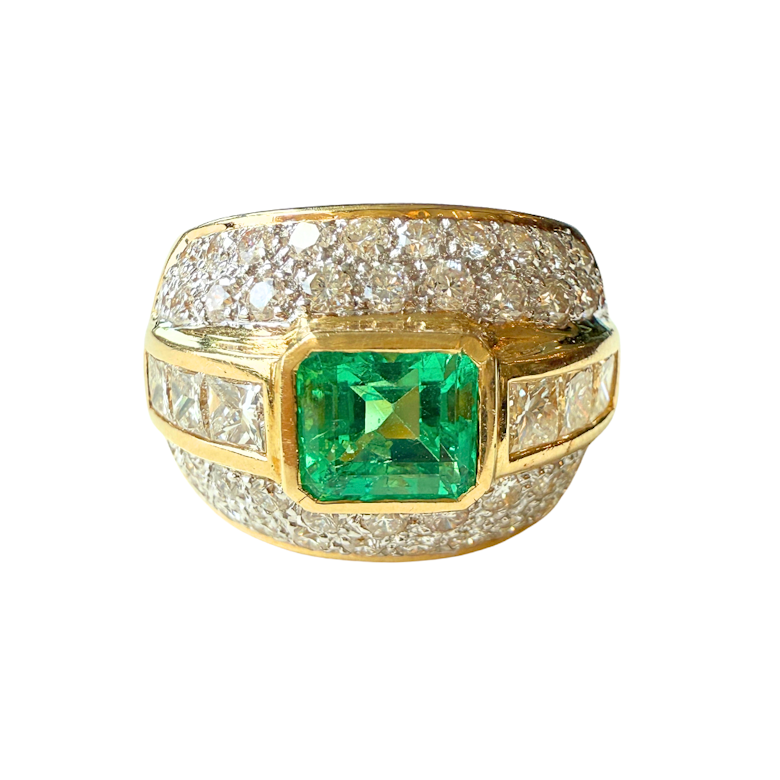 Vintage 18k Yellow Gold Extra Wide Emerald & Diamond Ring