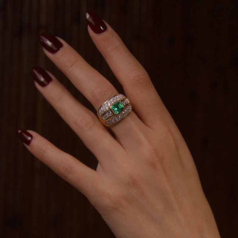 Vintage 18k Yellow Gold Extra Wide Emerald & Diamond Ring