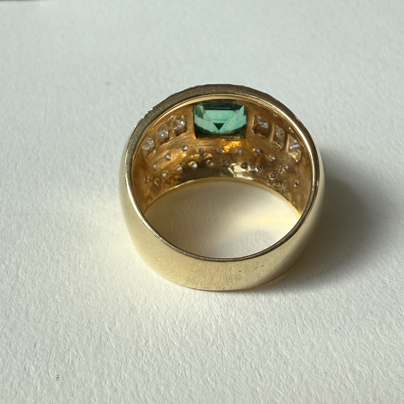 Vintage 18k Yellow Gold Extra Wide Emerald & Diamond Ring