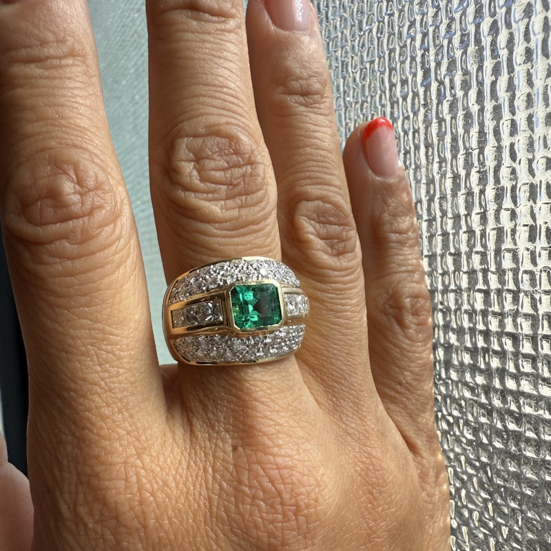 Vintage 18k Yellow Gold Extra Wide Emerald & Diamond Ring