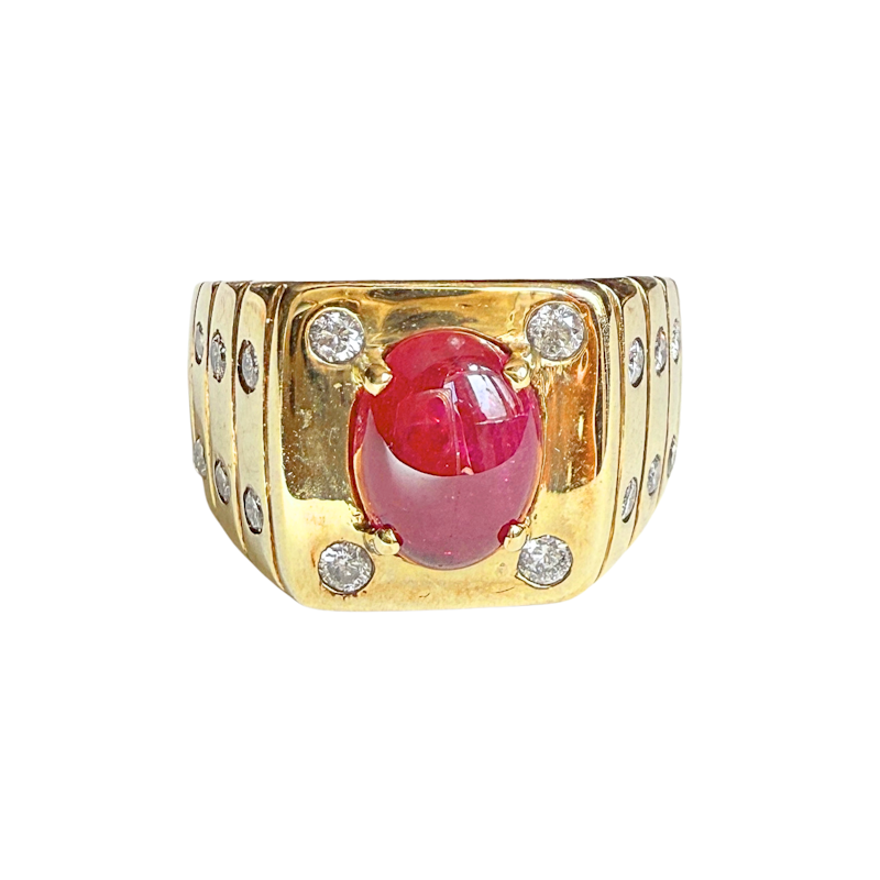 Vintage 14k Yellow Gold Cabochon Ruby & Diamond Ribbed Ring