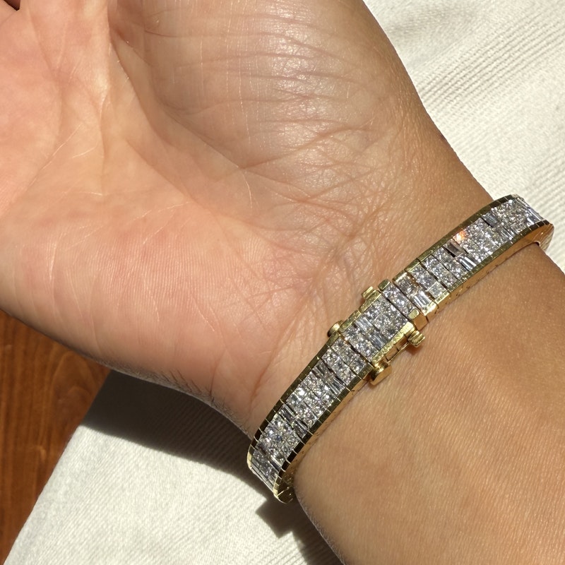 Vintage 18k Gold Articulated Square & Baguette Diamond Tennis Bracelet (11.7ct)