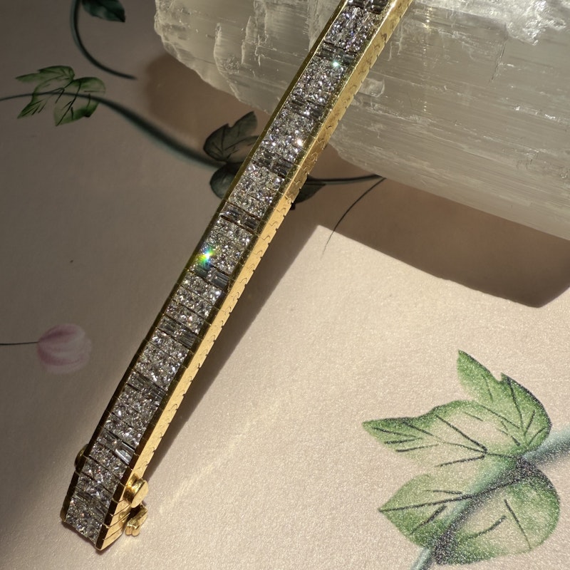 Vintage 18k Gold Articulated Square & Baguette Diamond Tennis Bracelet (11.7ct)
