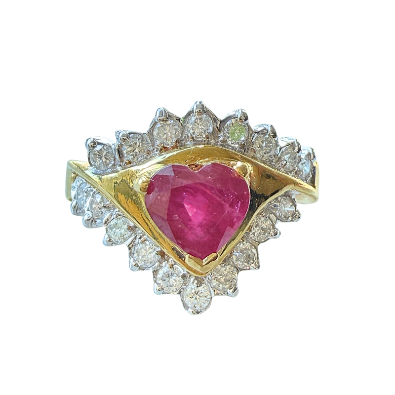 Vintage 18k Two-Tone Heart-Shaped Ruby & Diamond Ring