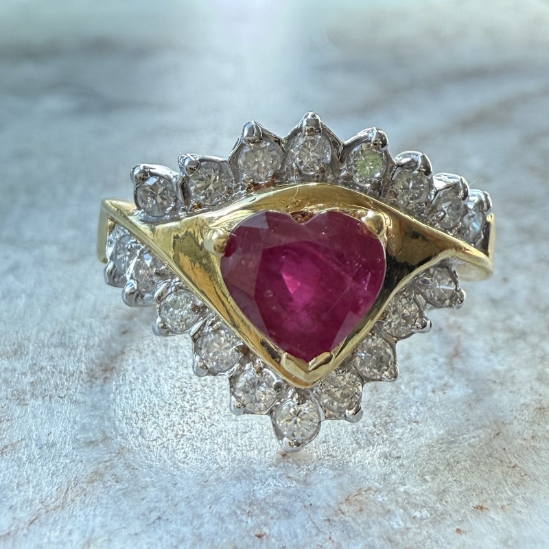 Vintage 18k Two-Tone Heart-Shaped Ruby & Diamond Ring