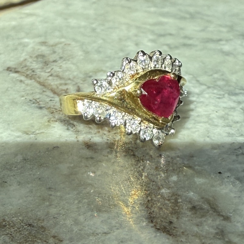 Vintage 18k Two-Tone Heart-Shaped Ruby & Diamond Ring